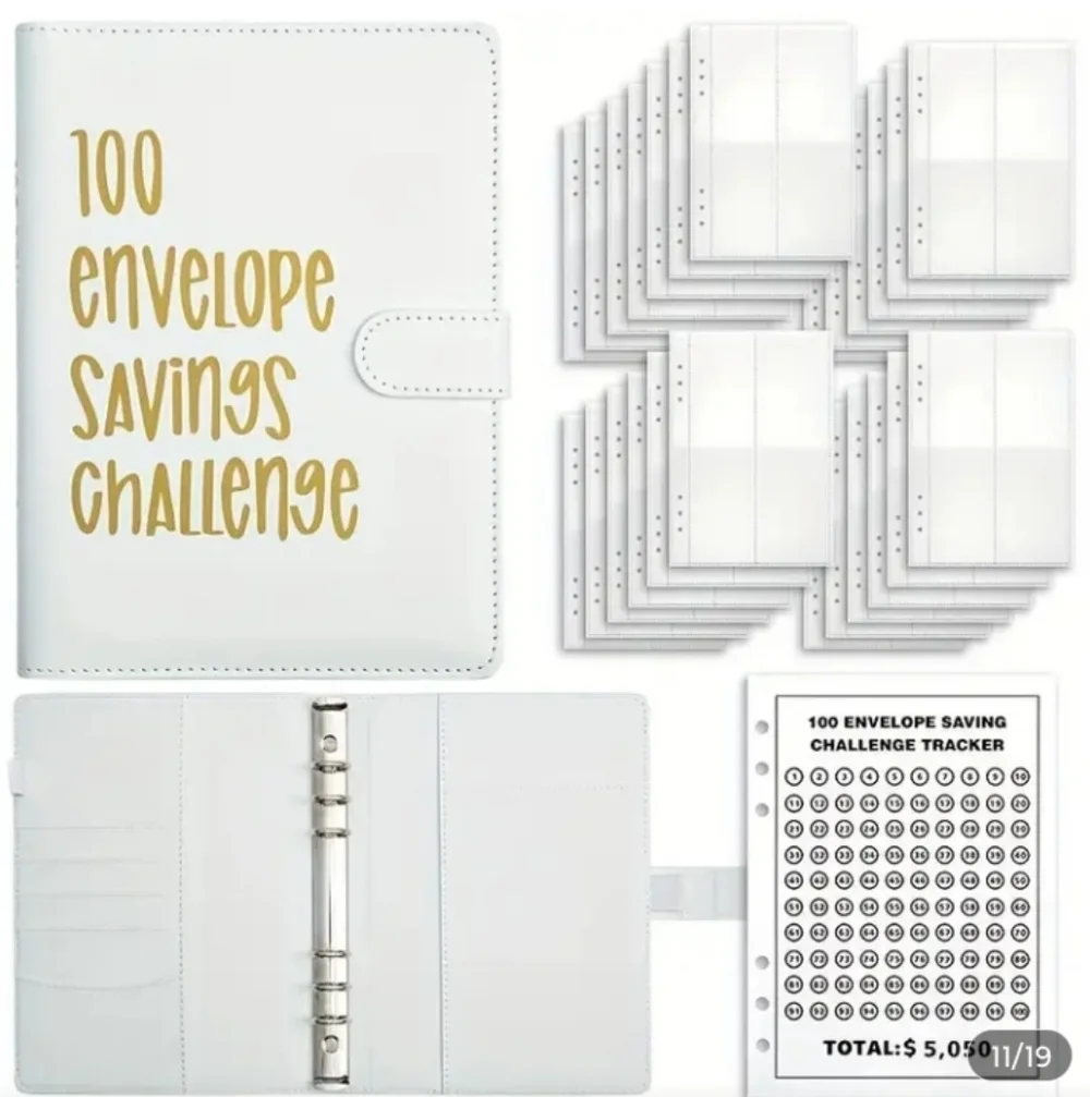 Budget Planner 100 Envelope Savings Challenge Binder - White And Gold